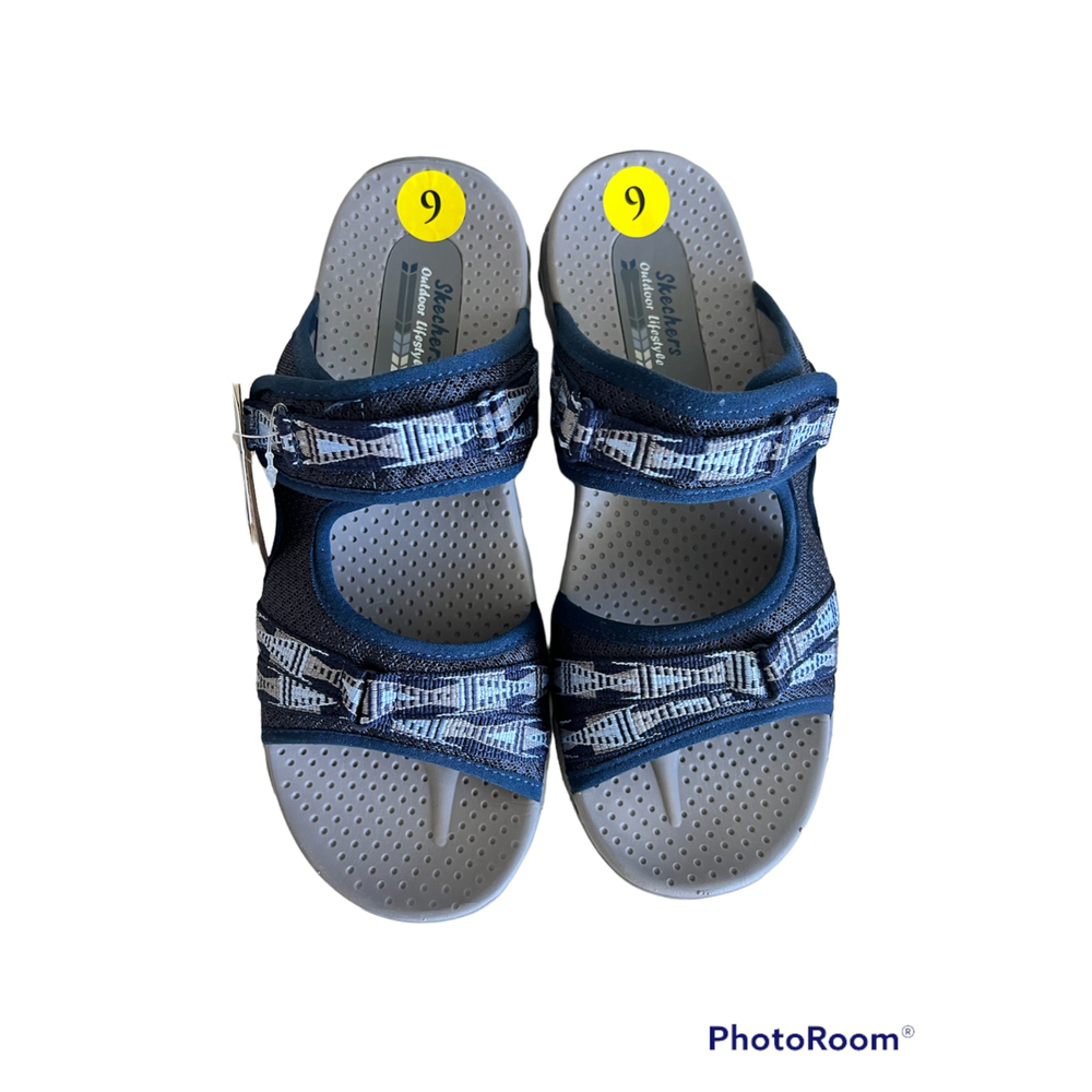 Skechers Women's Reggae Fizzle Adjustable Webbing Slide Sandal Slip Ons Navy 9